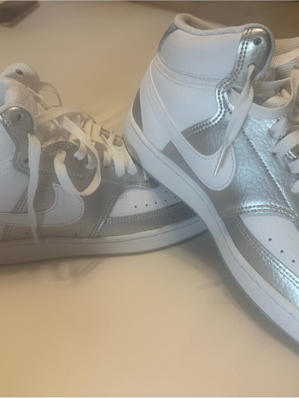 Nike White/Metallic Silver WMNS Court Vision Mid Sneakers